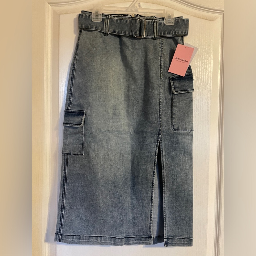 NWT Juicy Couture Blue‎ Denim Belted Midi Skirt 26 (2-4) Preppy Western Party